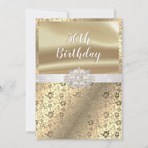 Invitation Perles Diamants Satin Blanc Damassé Or 50ème