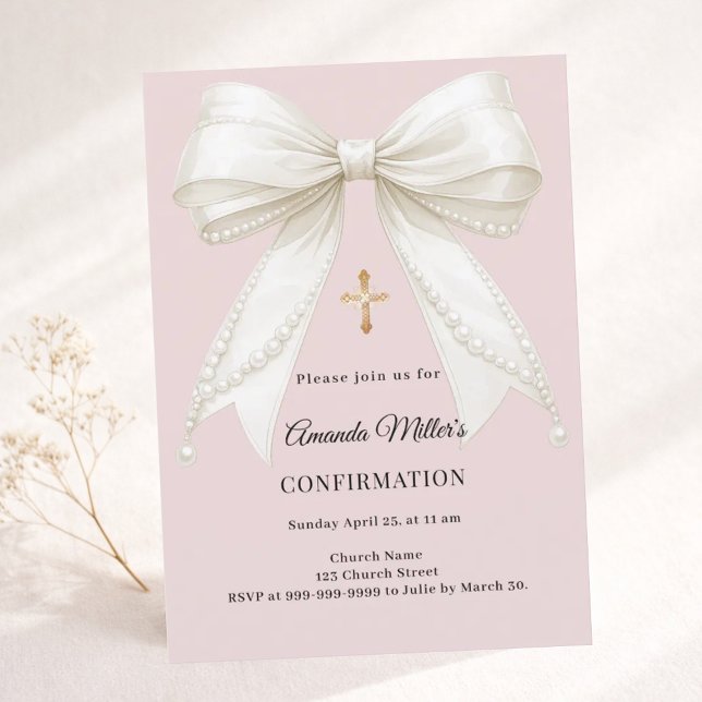 Invitation Perles d'ivory rose poussiéreuse Confirmation (Créateur téléchargé)