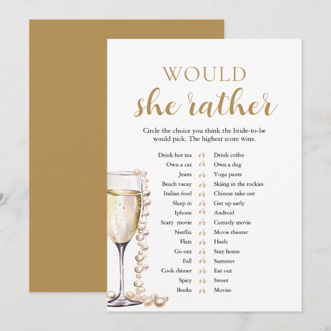 Invitation Perles d'Or et Prosecco Elle Préférerait Jeu (Devant / Derrière)