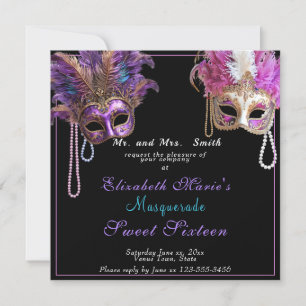 Invitation Perles d'or rose Sweet sixteen masqué
