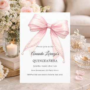 Invitation Perles élégantes à ruban rose pour Quinceanera de