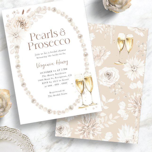 Invitation Perles élégantes et Fête des mariées de poursuites (Elegant Pearls and Prosecco Bridal Shower Invitation
)