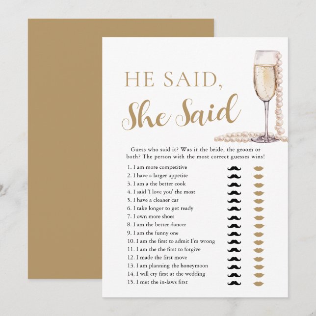 Invitation Perles Élégantes et Prosecco Il a dit, Elle a dit  (Devant / Derrière)