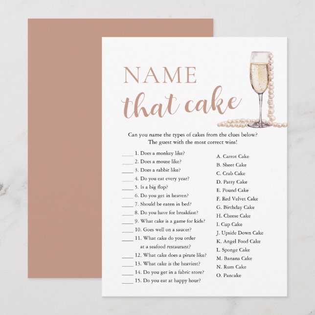 Invitation Perles Élégantes et Prosecco Nommez Ce Jeu de Gâte (Devant / Derrière)