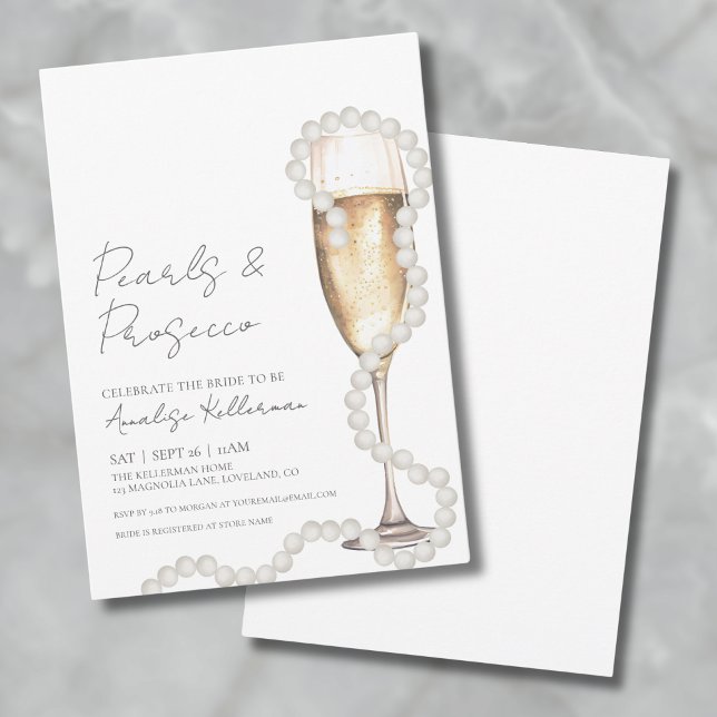 Invitation Perles Élégantes & Prosecco Cuvée de Champagne Ent (Elegant Pearls & Prosecco Champagne Bridal Shower Invitation)