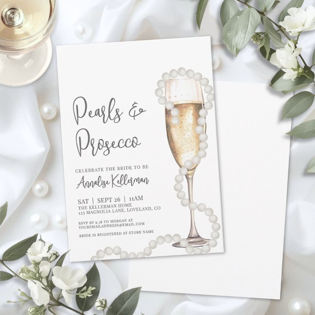 Invitation Perles Élégantes & Prosecco Cuvée de Mariage (Elegant Pearls & Prosecco Champagne Bridal Shower Invitation)