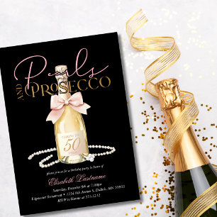 Invitation Perles Élégantes & Prosecco Nœud Rose 50e Annivers