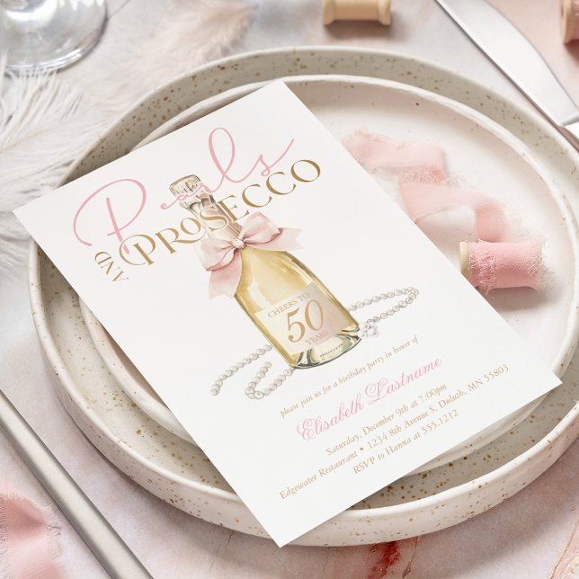 Invitation Perles Élégantes & Prosecco Ruban Rose 50e Anniver (Elegant Pearls & Prosecco Pink Bow 50th Birthday Invitation)