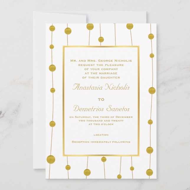 Invitation Perles en feuille d'or et cadre mariage moderne (Devant)