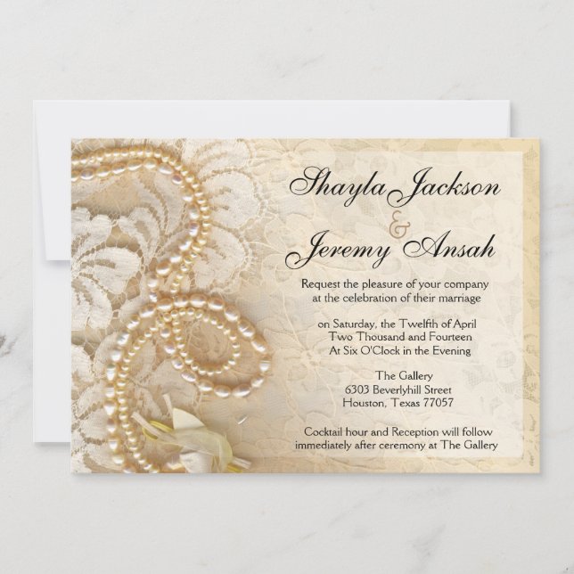Invitation Perles et dentelle de Shayla épousant la coquille (Devant)