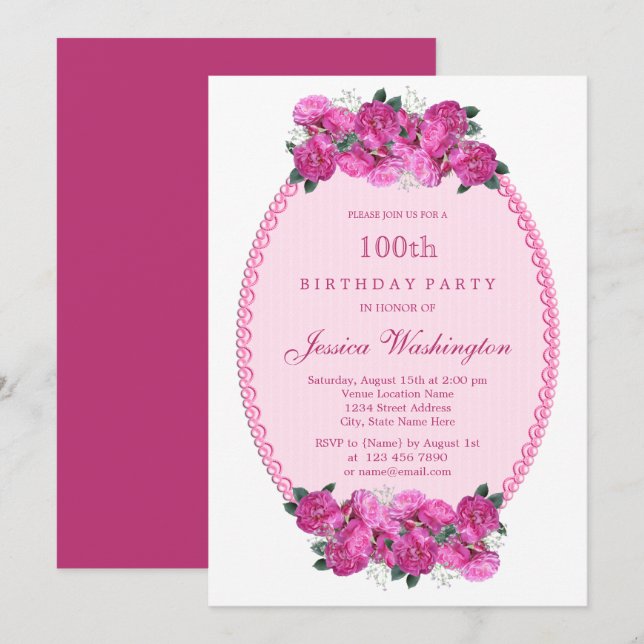 Invitation Perles et dentelle florales roses pour 100e annive (Devant / Derrière)