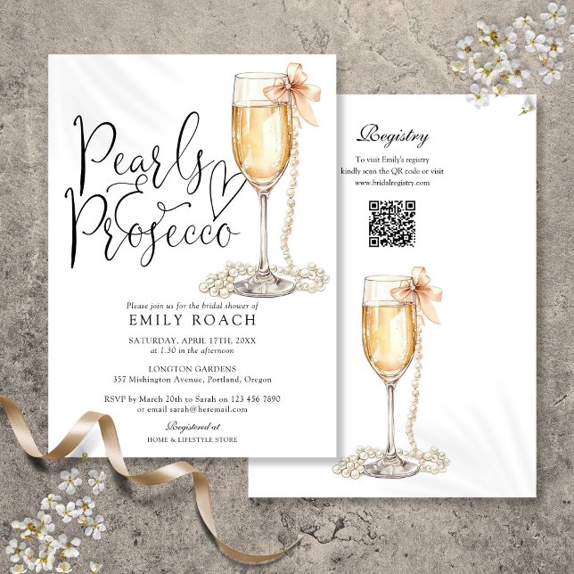 Invitation Perles et poursuites QR Code Fête des mariées bleu (Pearls And Prosecco QR Code Blue Bridal Shower Invitation)