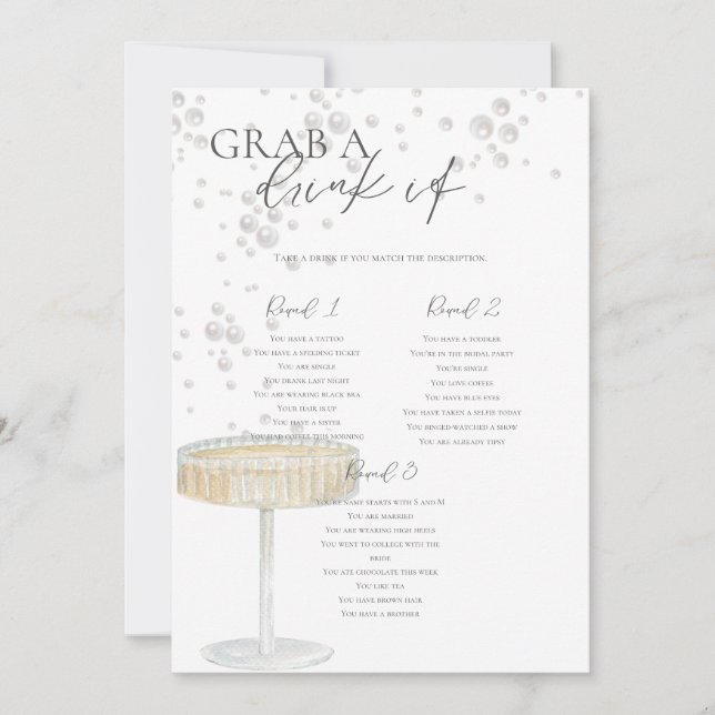 Invitation Perles et Prosecco Attrape une Boisson Jeu de Mari (Devant)