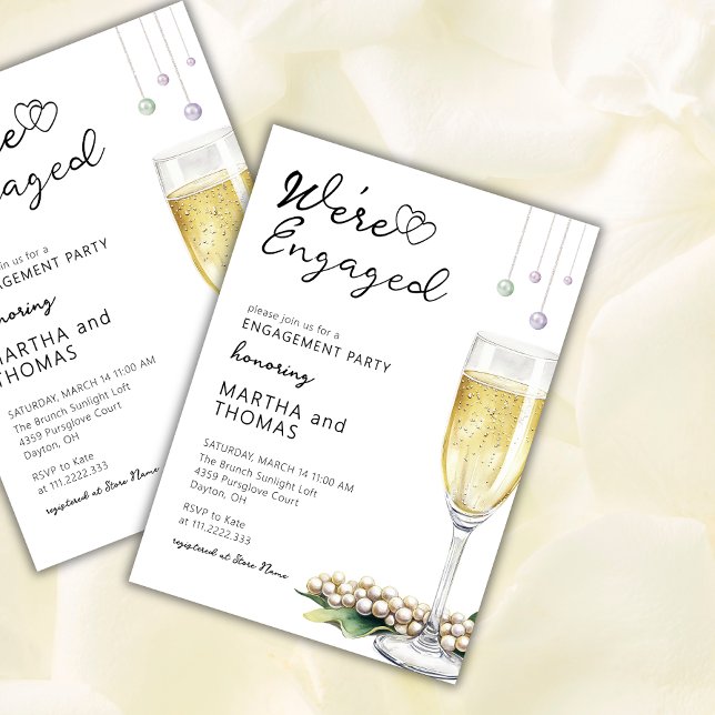 Invitation Perles Et Prosecco Fête D'engagement Élégante  (Créateur téléchargé)