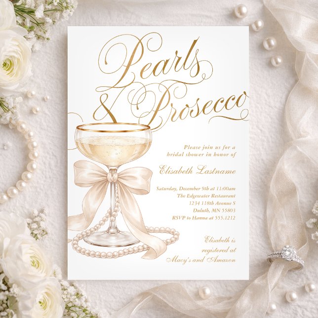 Invitation Perles et Prosecco Mariage Blanc à Ruban Shower de (Pearls and Prosecco White Bow Bridal Shower Invitation)