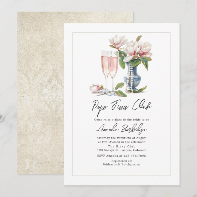 Invitation Perles et Prosecco Pop Fizz Clink Enterrement de V (Devant / Derrière)