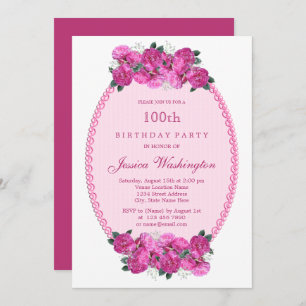 Invitation Perles florales roses et dentelle 100e anniversair