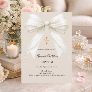 Invitation Perles Ivoire Beige Bow Fille Élégant Baptême