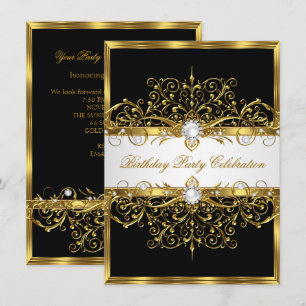 Invitation Perles Noir Blanc Or Élégante Fête d'anniversaire