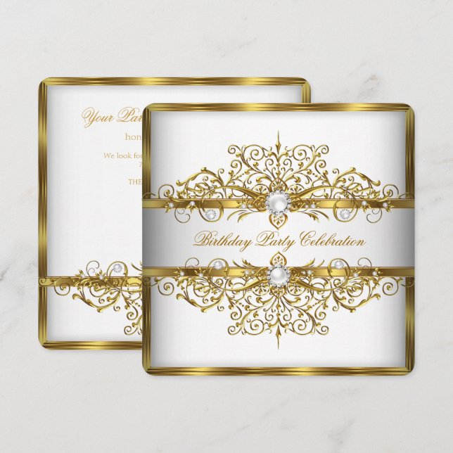 Invitation Perles Or Blanc Élégant Fête d'anniversaire 2 (Devant / Derrière)