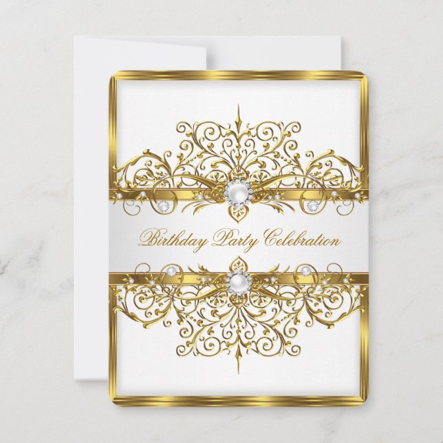 Invitation Perles Or Blanc Élégant Fête d'anniversaire 3 (Devant)