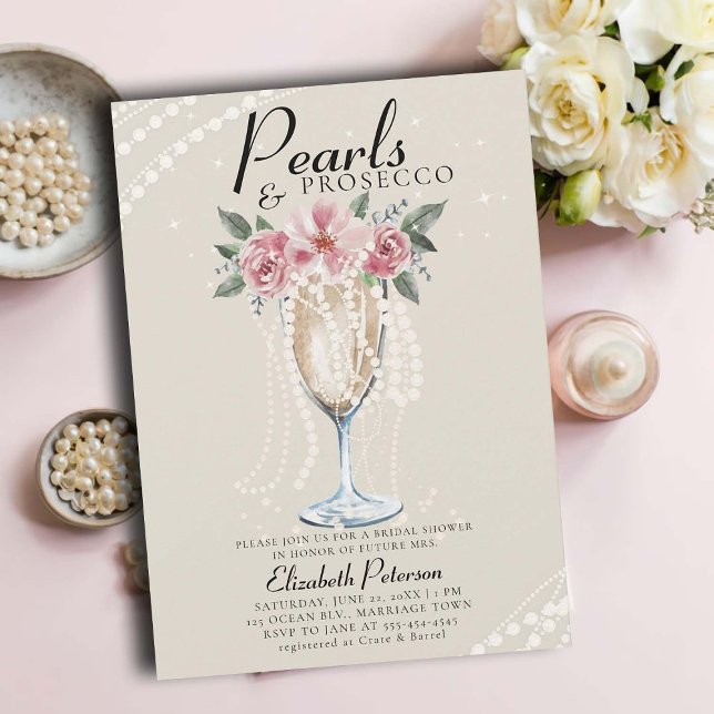 Invitation Perles Pourreaux Pétales Ivory Brunch Fête des mar (pearls and prosecco bridal shower invitation brunch bubbly champagne garden outdoors modern ivory)