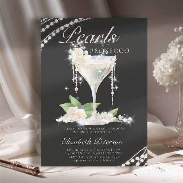 Invitation Perles Pourreaux Pétales Noir Élégant Fête des mar (pearls prosecco petals bridal shower invitation brunch template card champagne watercolor black)