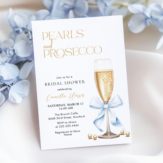 Invitation Perles & Prosecco Blue Bow (Créateur téléchargé)