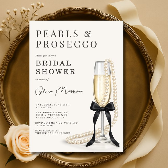 Invitation Perles & Prosecco Coquette Noire à Ruban Mariage (Créateur téléchargé)