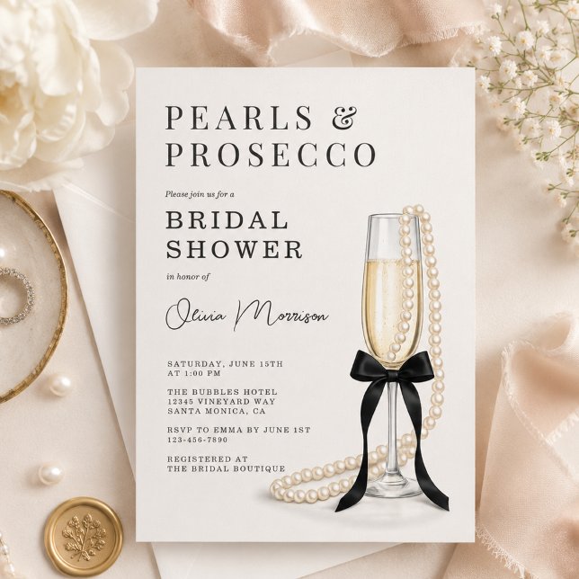 Invitation Perles & Prosecco Coquette Noire à Ruban Mariage (Créateur téléchargé)