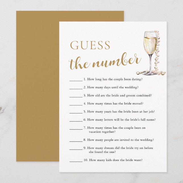 Invitation Perles & Prosecco Devinez le Nombre Jeu de Mariage (Devant / Derrière)