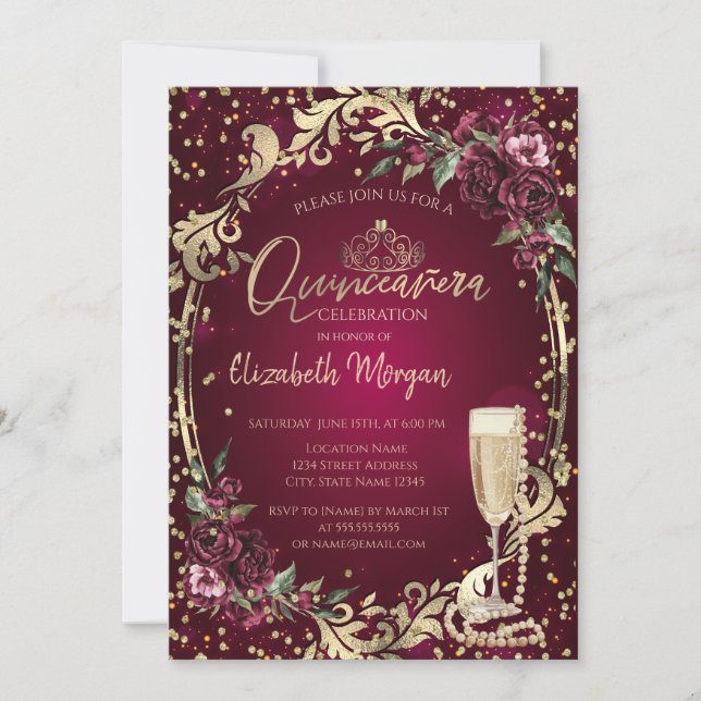 Invitation Perles Prosecco Diamant Roses Bourguignonnes Quinc (Devant)