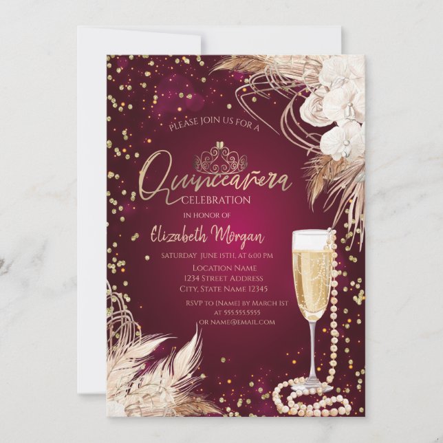 Invitation Perles Prosecco Diamants Boho Fleurs Quinceañera (Devant)