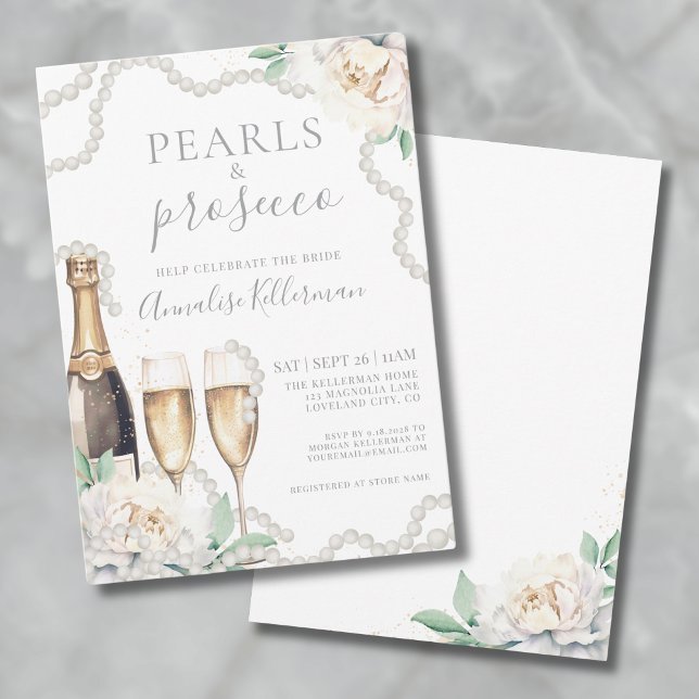 Invitation Perles & Prosecco Fête de Mariage Florale (Pearls & Prosecco Floral Bridal Shower Invitation)
