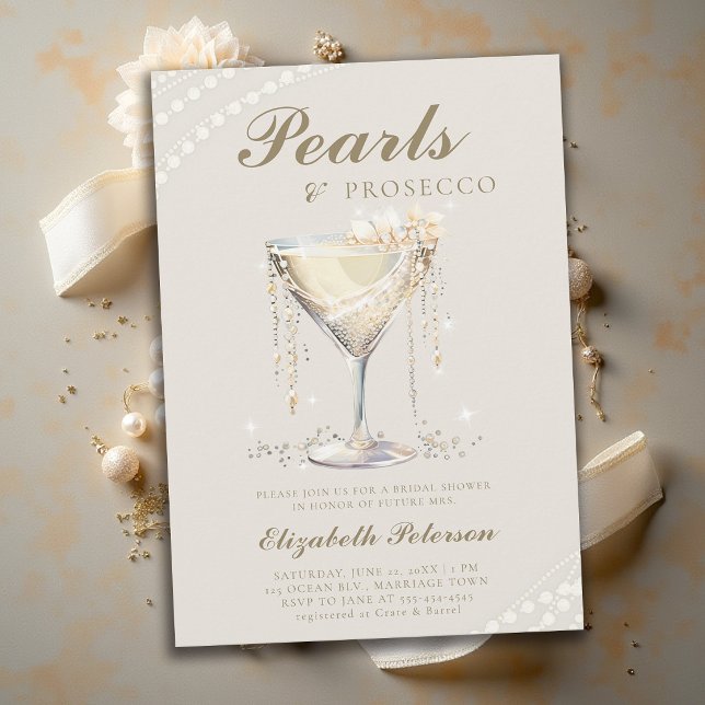 Invitation Perles Prosecco Ivoire Élégant Brunch Enterrement  (pearls and prosecco bridal shower theme invitation card ecru ivory gold elegant modern chic)