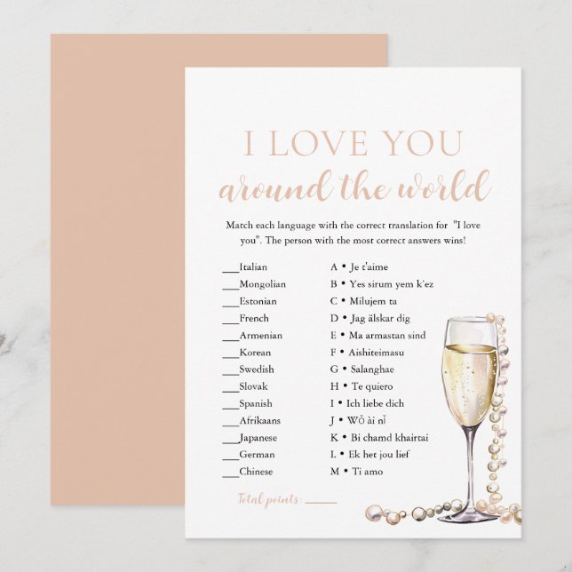 Invitation Perles & Prosecco Je T'Aime Autour du Monde Jeu (Devant / Derrière)