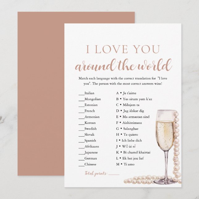 Invitation Perles & Prosecco Je T'Aime Autour du Monde Jeu (Devant / Derrière)