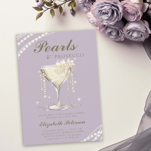 Invitation Perles Prosecco Lilas Or Élégant Réception de Mari (brunch bridal shower ideas pearls and prosecco lavender purple sparkling cup elegant invitation)