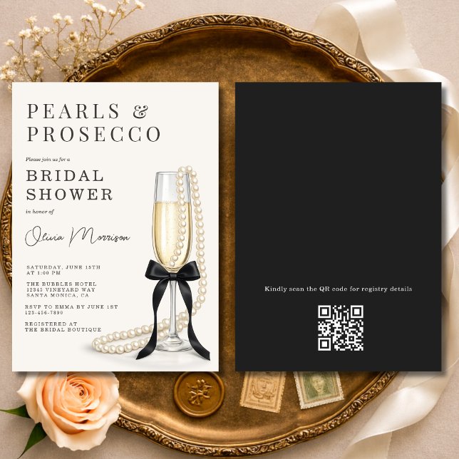 Invitation Perles & Prosecco Nœud Noir Code QR Enterrement de (Créateur téléchargé)