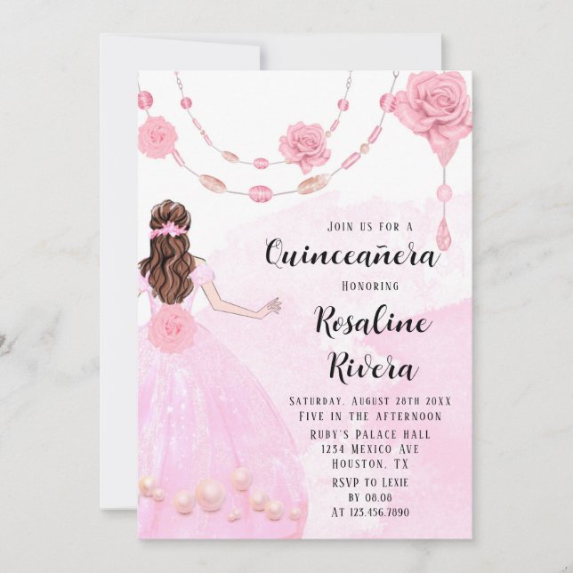 Invitation Perles rose Dusty Flora Girl Quinceanera Anniversa (Devant)