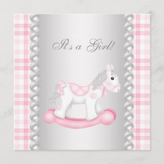Invitation Perles Rose En vichy Rocking Horse Baby Girl Douch