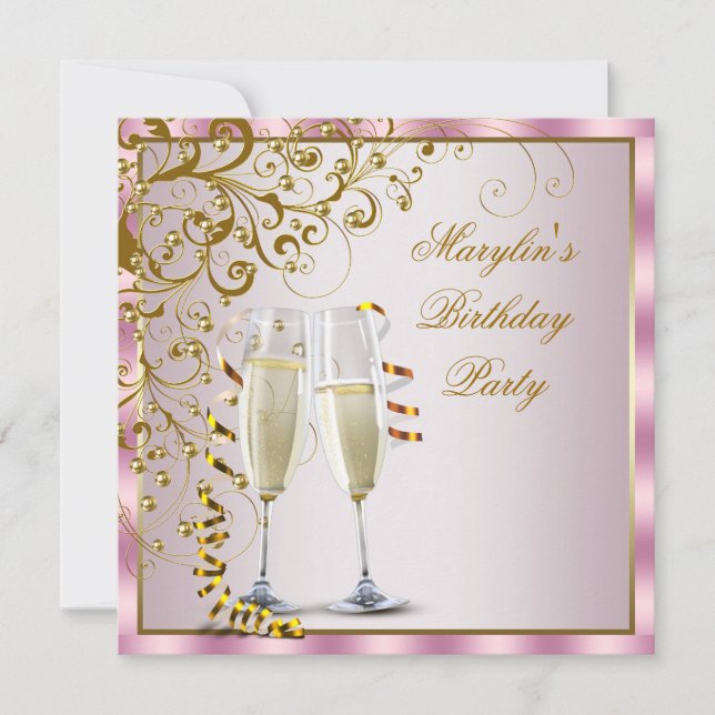 Invitation Perles Rose Or Fête Anniversaire Femme Rose Or (Devant)