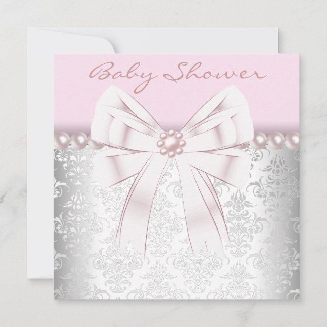 Invitation Perles roses Baby Shower Damassé rose (Devant)