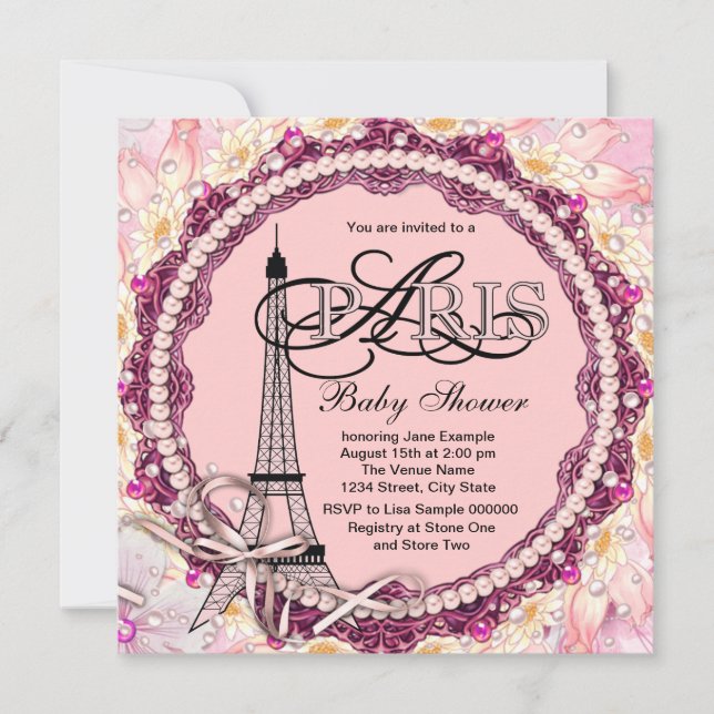 Invitation Perles roses Baby shower Paris rose (Devant)