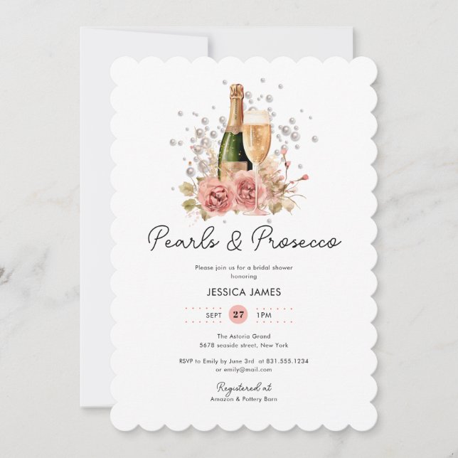 Invitation Perles roses blanches et Fête des mariées Prosecco (Devant)
