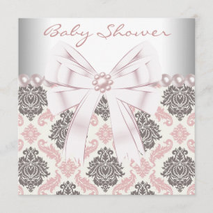 Invitation Perles roses damassé brun rose Baby Shower Fille