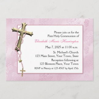 Invitation Perles roses de chapelet, croix, religieuse