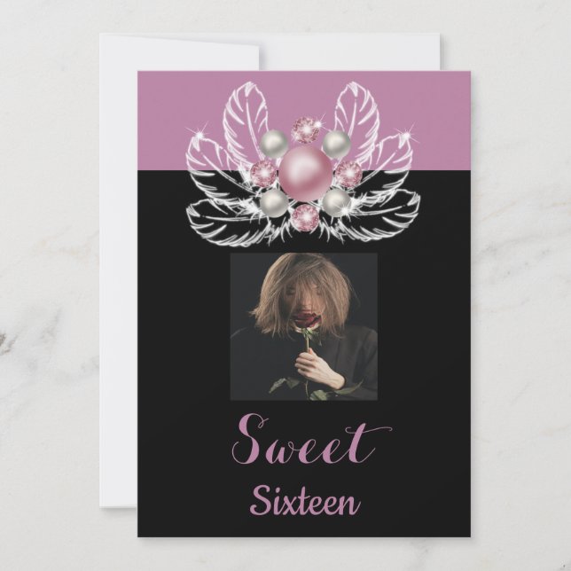 Invitation Perles roses Dusty Plumes de broche & Photo Sweet  (Devant)