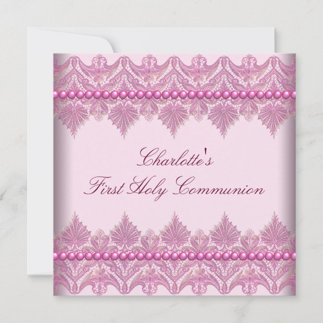 Invitation Perles roses en dentelle pour filles Première Comm (Devant)