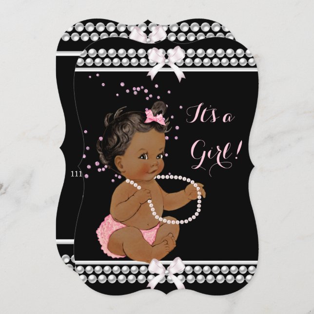 Invitation Perles roses mignonnes Baby shower fille noire eth (Devant / Derrière)
